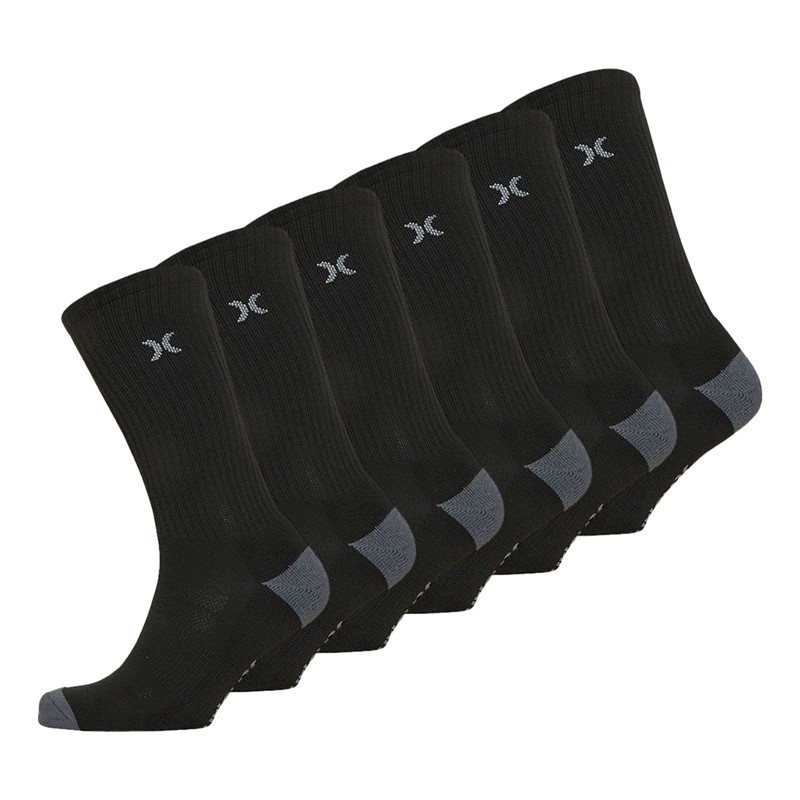 Hurley Mens Six Pack 1/2 Terry Crew Socks Black