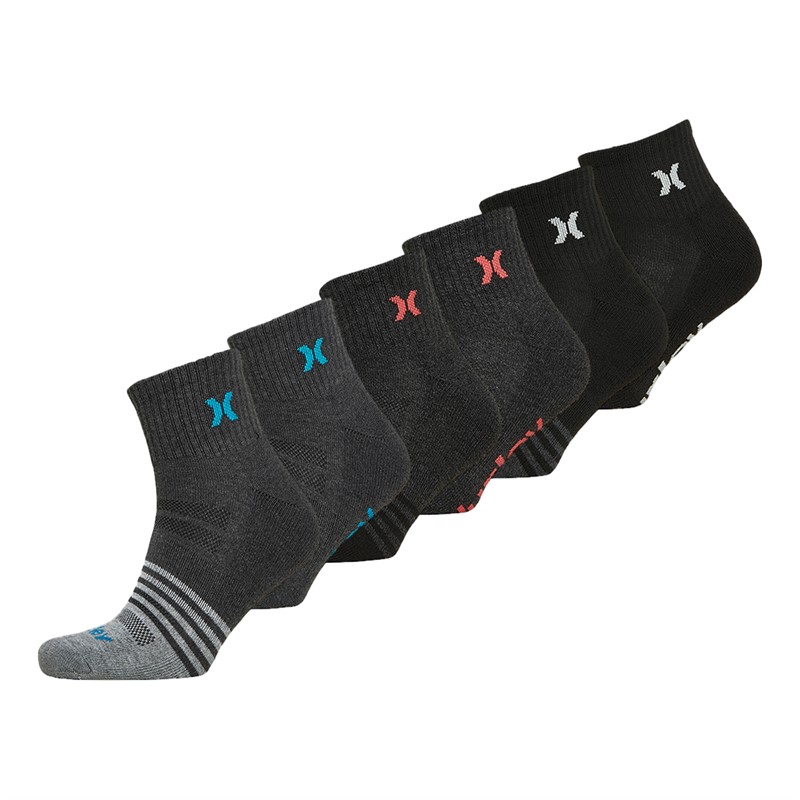 Hurley Mens Six Pack 1/2 Terry Quarter Crew Socks Grey/Red