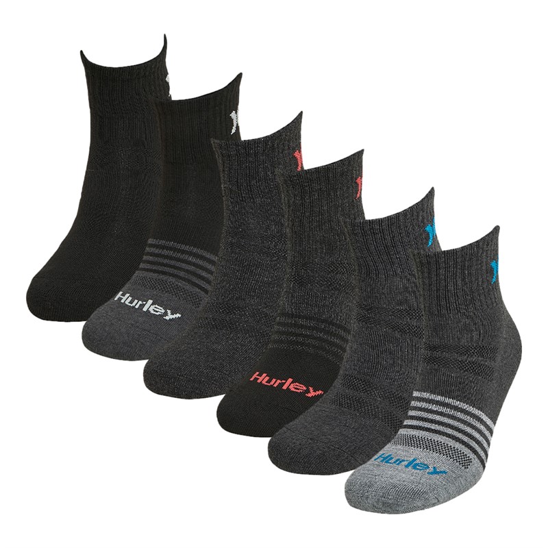 Hurley Mens Six Pack 1/2 Terry Quarter Crew Socks Grey/Red