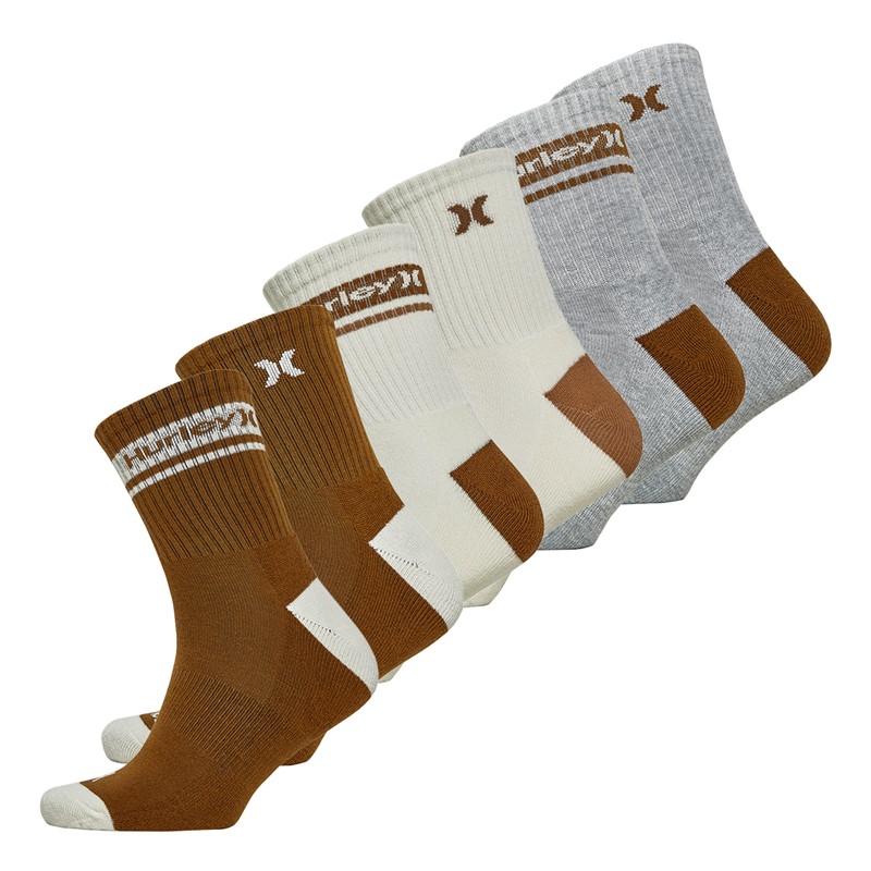 Hurley Mens Six Pack 1/2 Terry High Quarter Crew Socks Cream/Chocolate