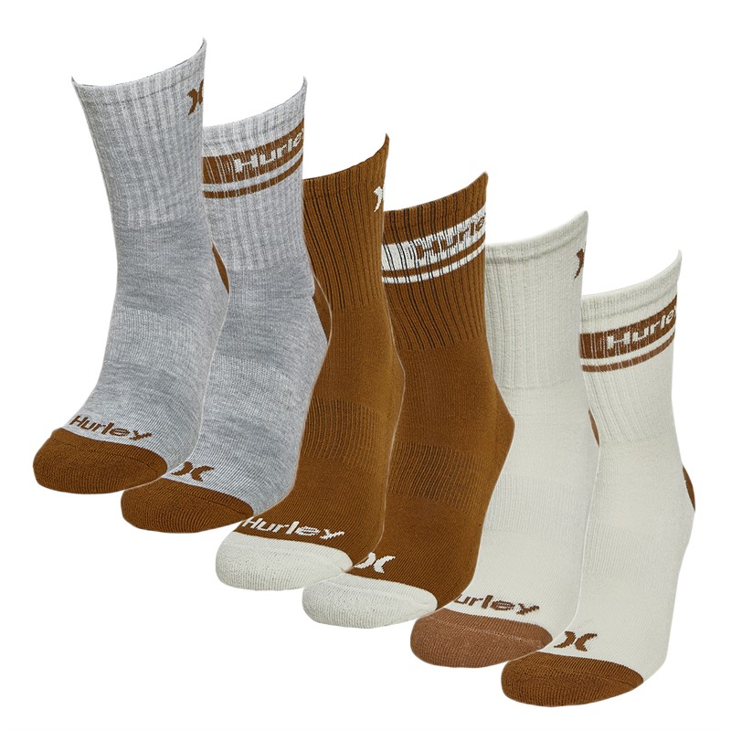 Hurley Mens Six Pack 1/2 Terry High Quarter Crew Socks Cream/Chocolate