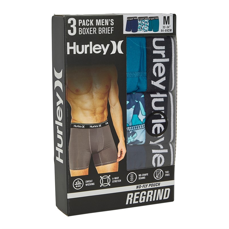 Hurley Mens Three Pack Regrind Fashion Boxer Briefs Blue Combo