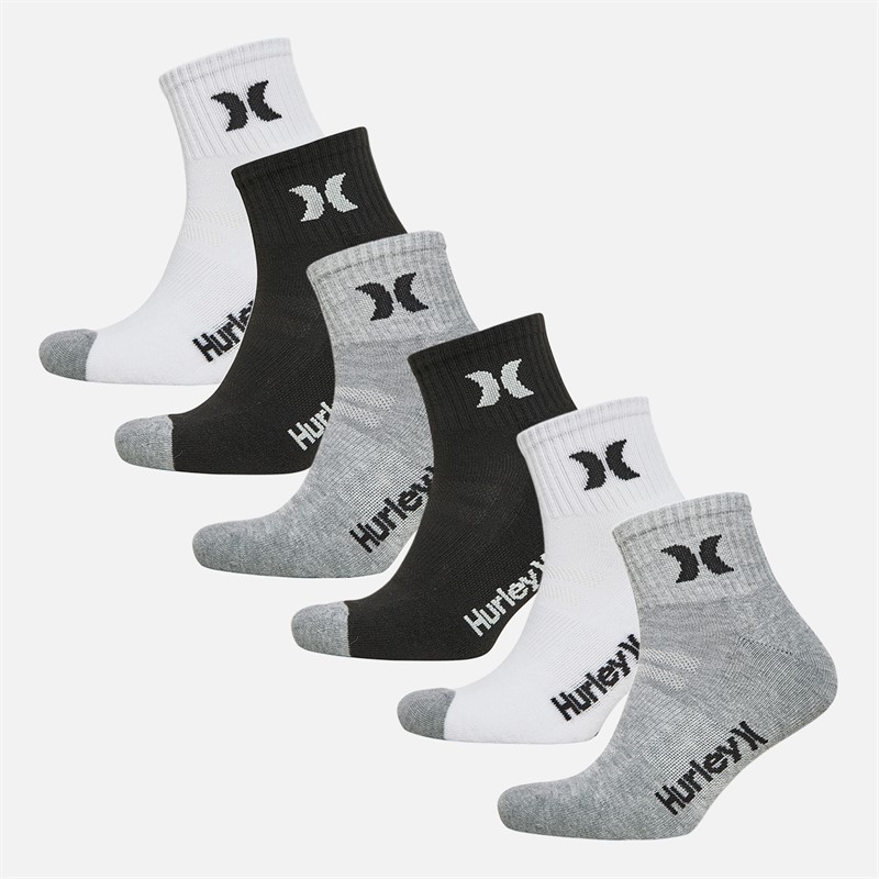 Hurley Mens 1/2 Terry Six Pack Quarter Crew Socks White/Multi