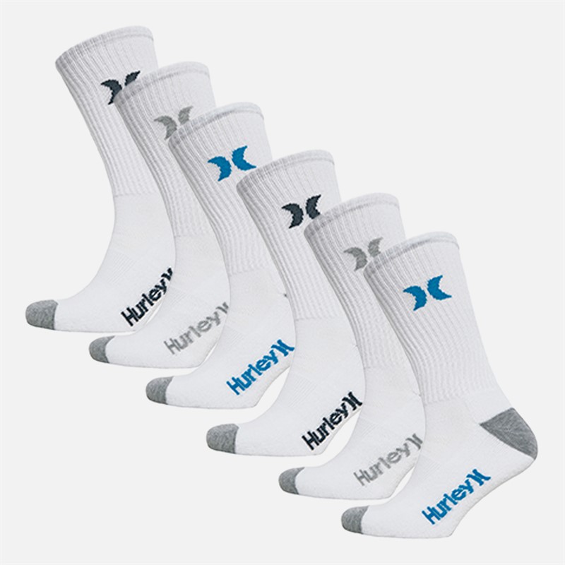 Hurley Mens 1/2 Terry Six Pack Crew Socks White/Blue - Size 7