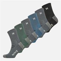 Hurley Mens 1/2 Terry High Quarter Six Pack Crew Socks Blue/Tan