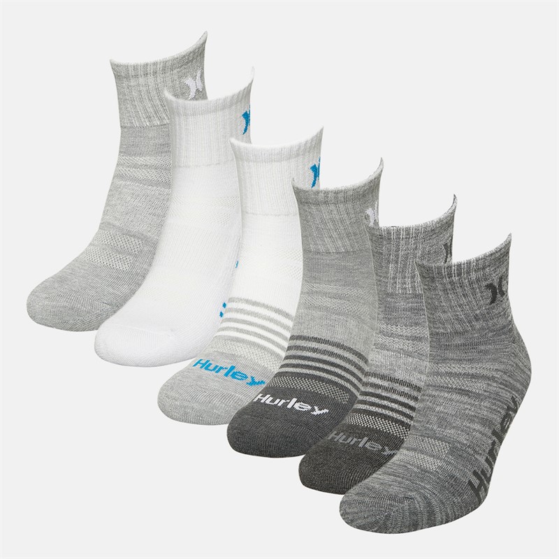 Hurley Mens 1/2 Terry Six Pack Quarter Crew Socks White/Bright Blue