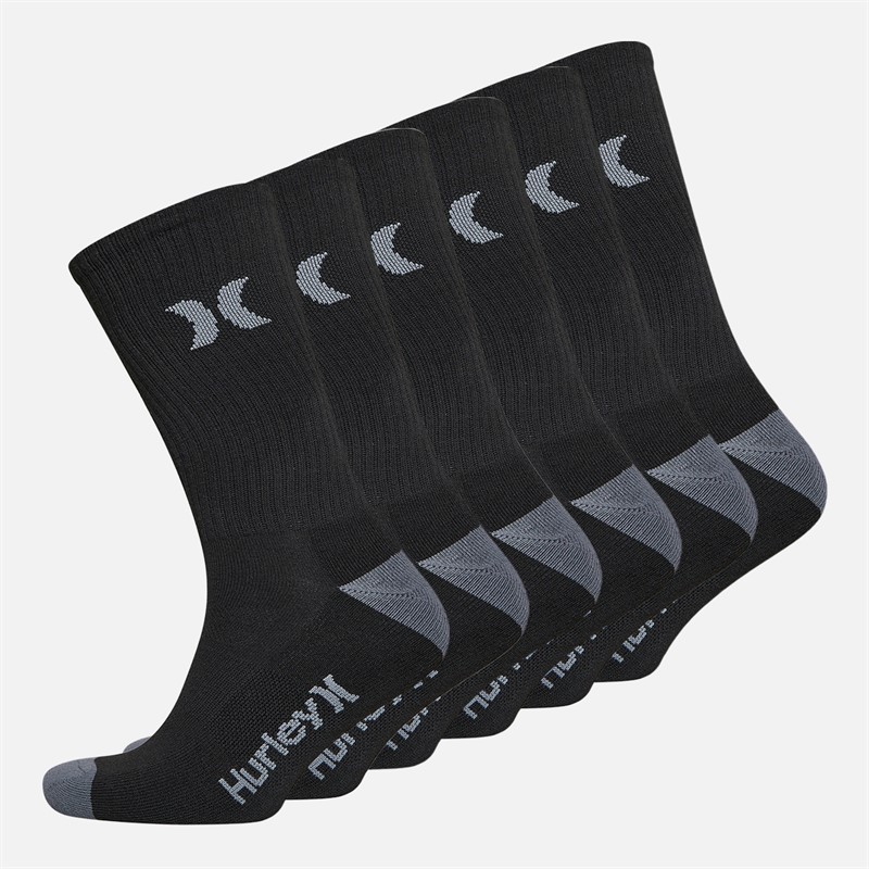 Hurley Mens Six Pack 1/2 Terry Crew Socks Black - Size 7