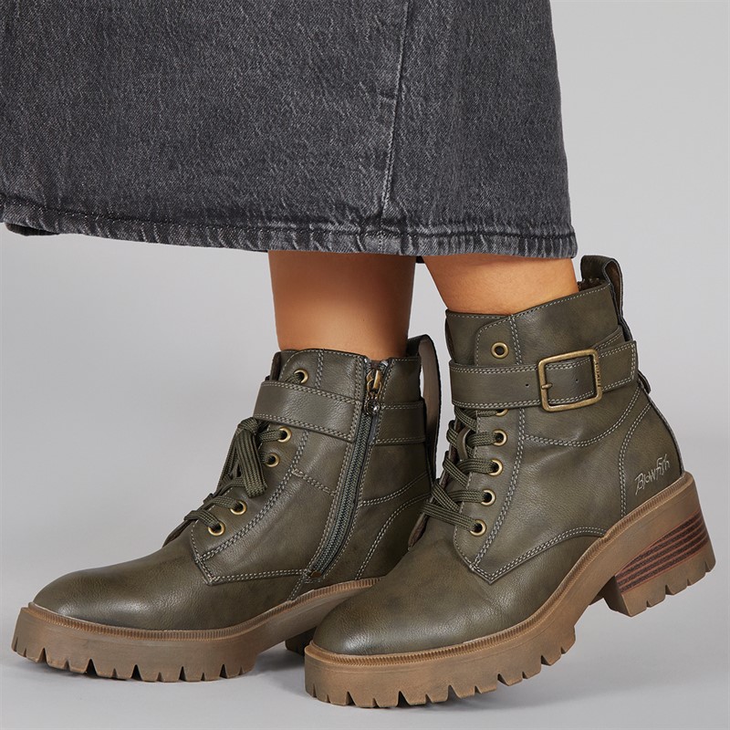 Blowfish Womens Jagger Lace Up Buckle Ankle Boots Olive