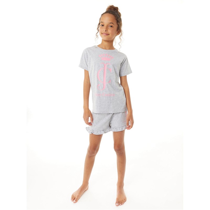 Juicy Couture Girls Graphic T-Shirt And Frill Shorts Sleep Set Pearl Grey Marl