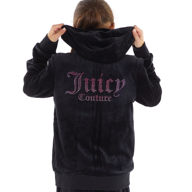 Juicy Couture Girls Luxe Diamante Zip Thru Hoodie Jet Black