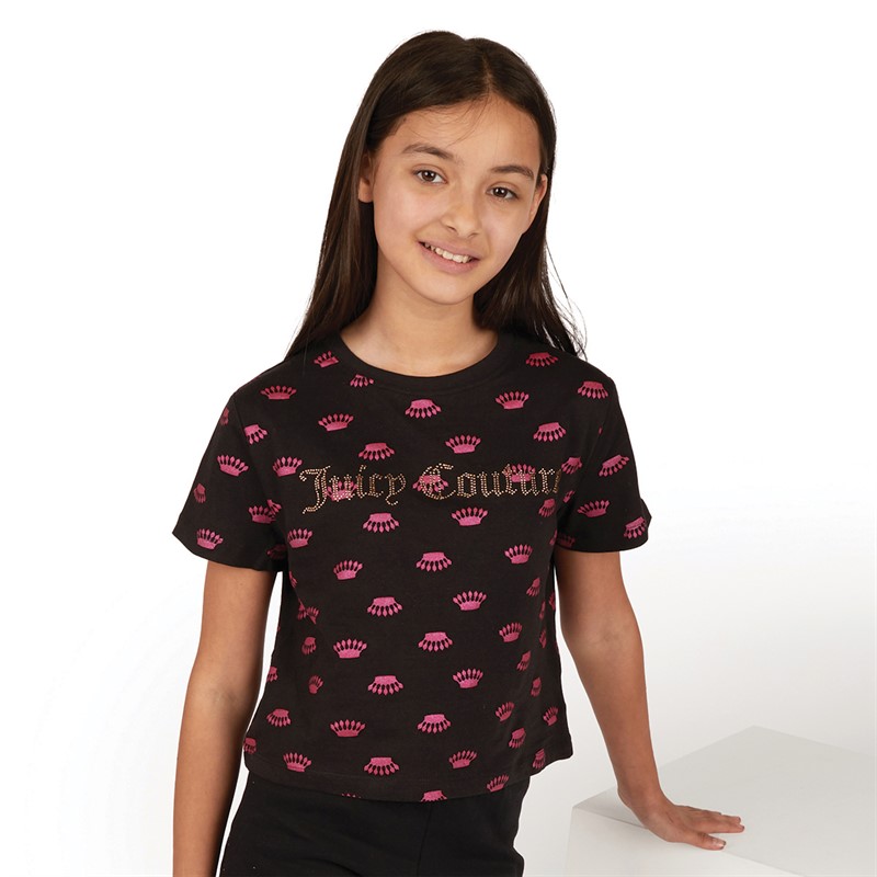 Juicy Couture Girls Luxe Crown Print Boxy T-Shirt Black