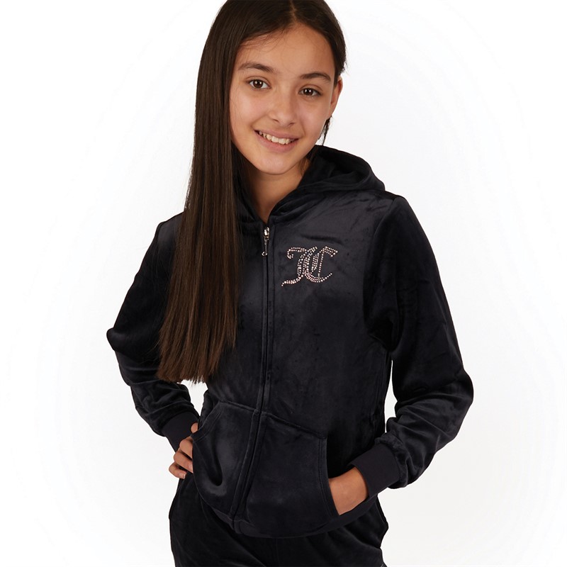 Juicy Couture Girls Diamante Velour Zip Thru Hoodie Night Sky