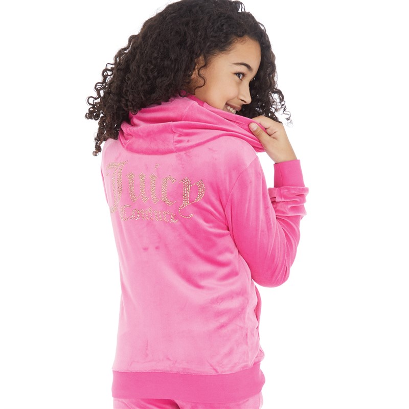 Juicy Couture Girls Diamante Velour Zip Thru Hoodie Fuchsia Purple