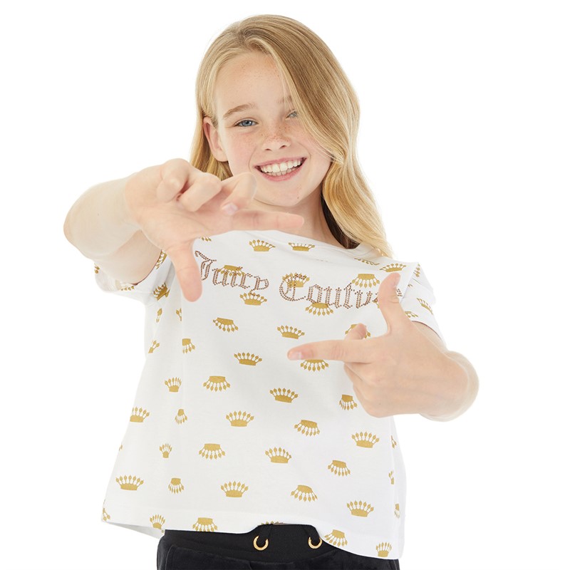 Juicy Couture Girls Luxe Crown Print T-Shirt Bright White