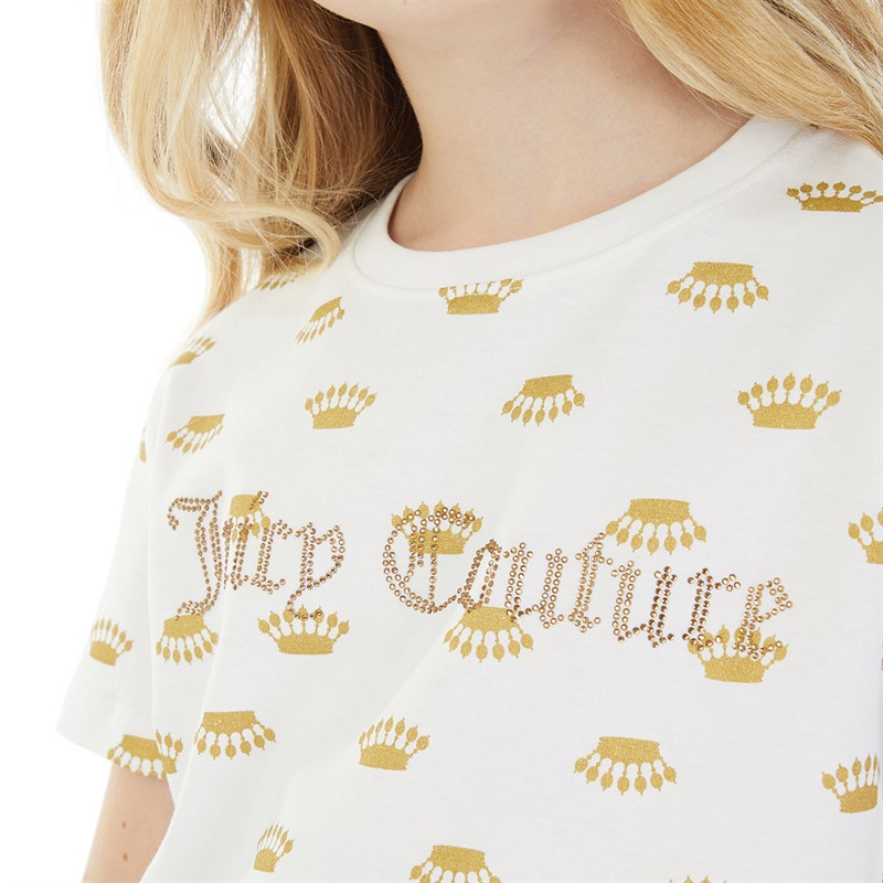 Juicy Couture Girls Luxe Crown Print T-Shirt Bright White
