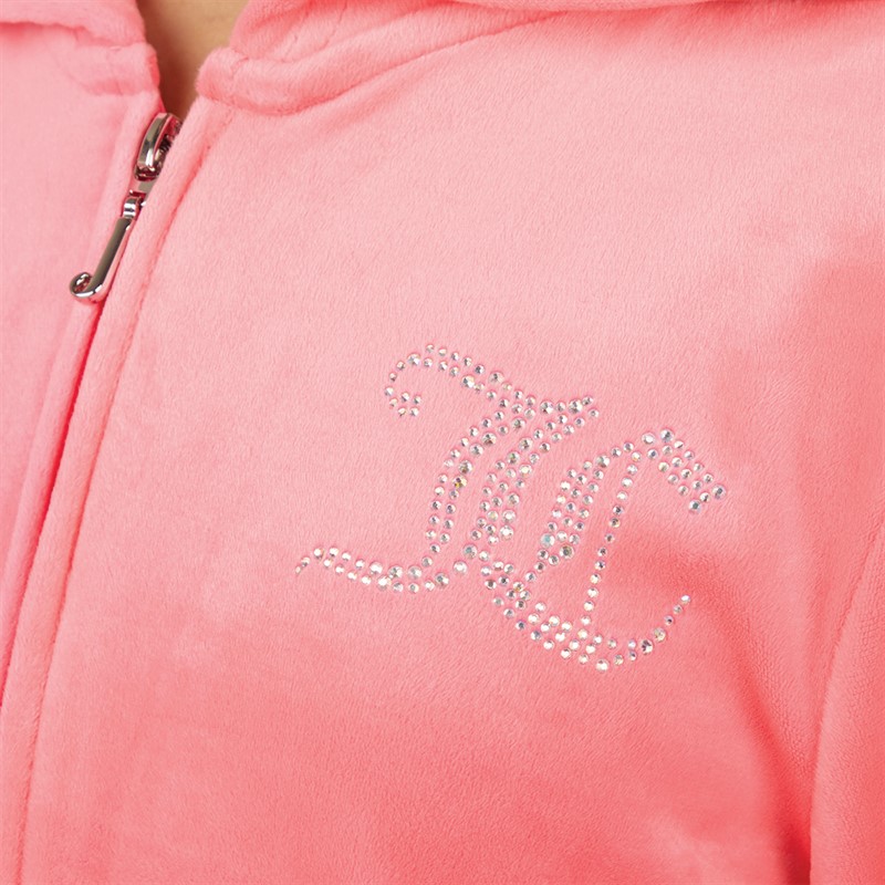 Juicy Couture Girls Diamante Velour Zip Thru Hoodie Summer Neon Pink