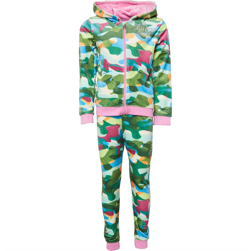 Juicy Couture Girls Abstract Velour Hoodie And Joggers Tracksuit Set Fuchsia Pink