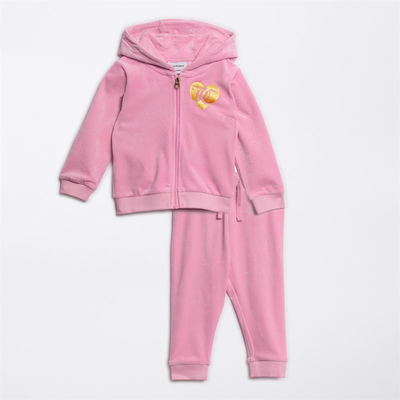 Juicy Couture Baby Girls Heart Velour Zip Hoodie And Joggers Tracksuit Set Pink