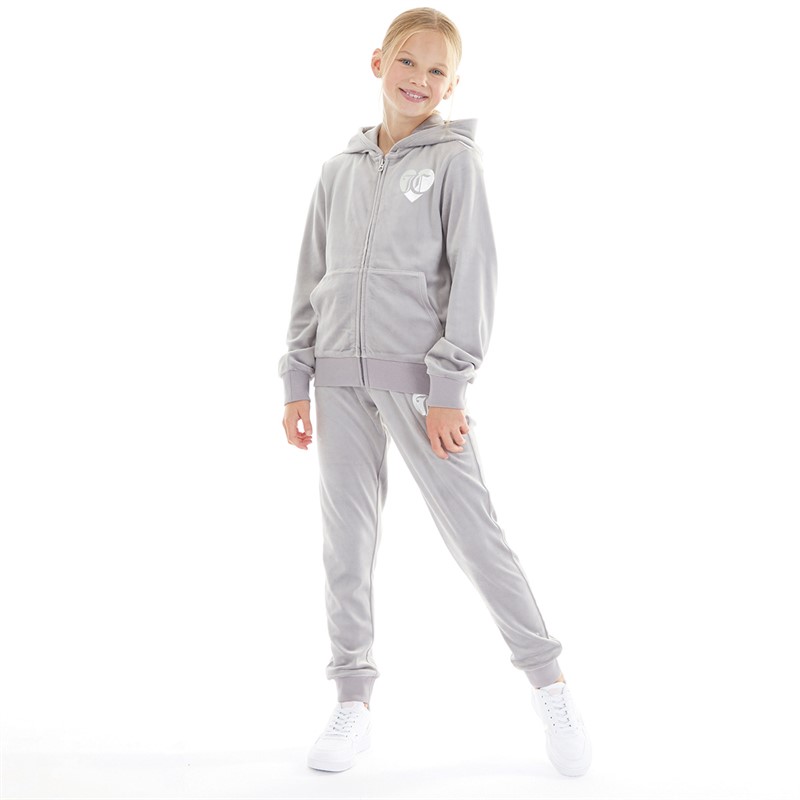 Juicy Couture Girls Velour Heart Logo Tracksuit Silver Sconce