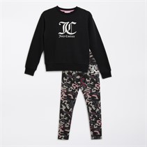 Juicy Couture Piger Oversized Crew Sweatshirt og Abstrakt Leggings Tracksuit Sæt Sort