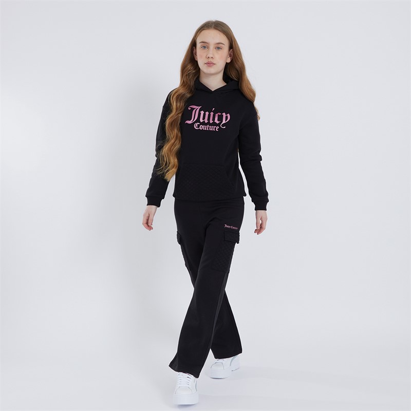 Juicy Couture Girls Quilt Pocket Hoodie and Cargo Joggers Tracksuit Set Black