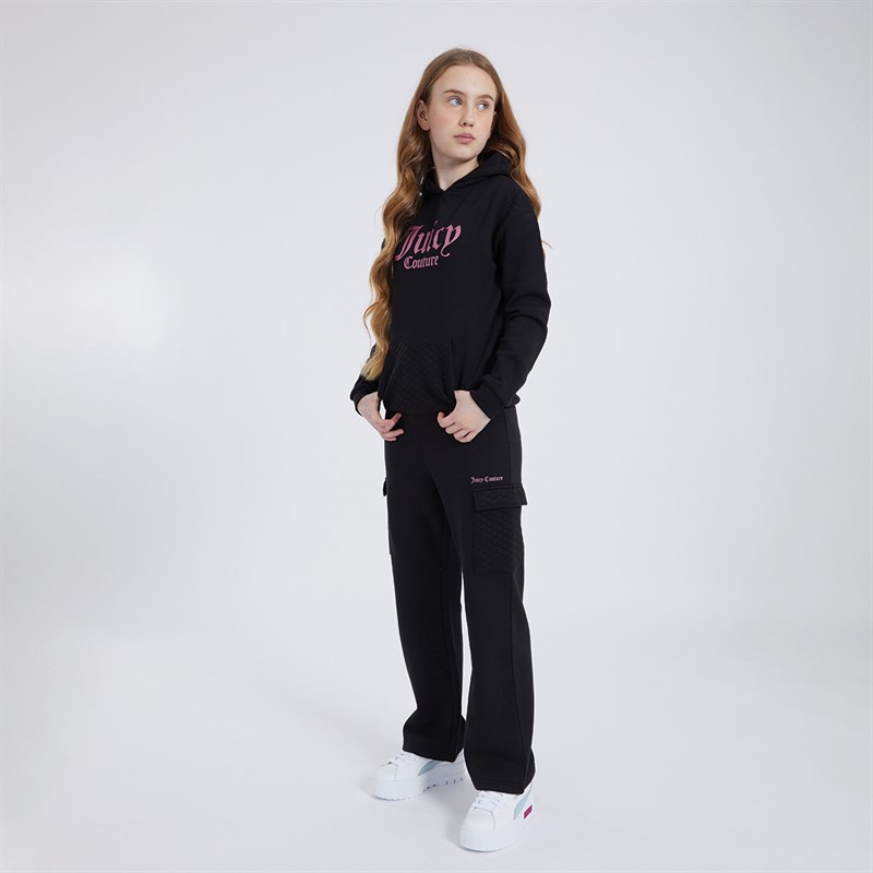 Juicy Couture Girls Quilt Pocket Hoodie and Cargo Joggers Tracksuit Set Black