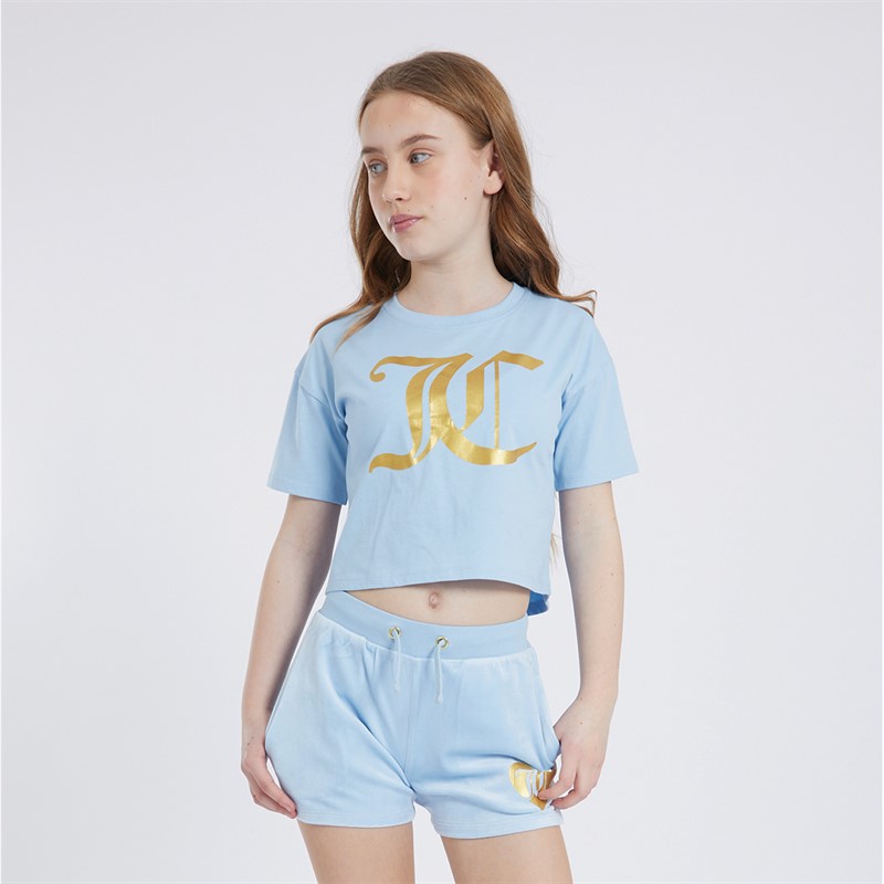 Juicy Couture Girls Heart Boxy T-Shirt And Velour Shorts Co-Ord Set Power Blue
