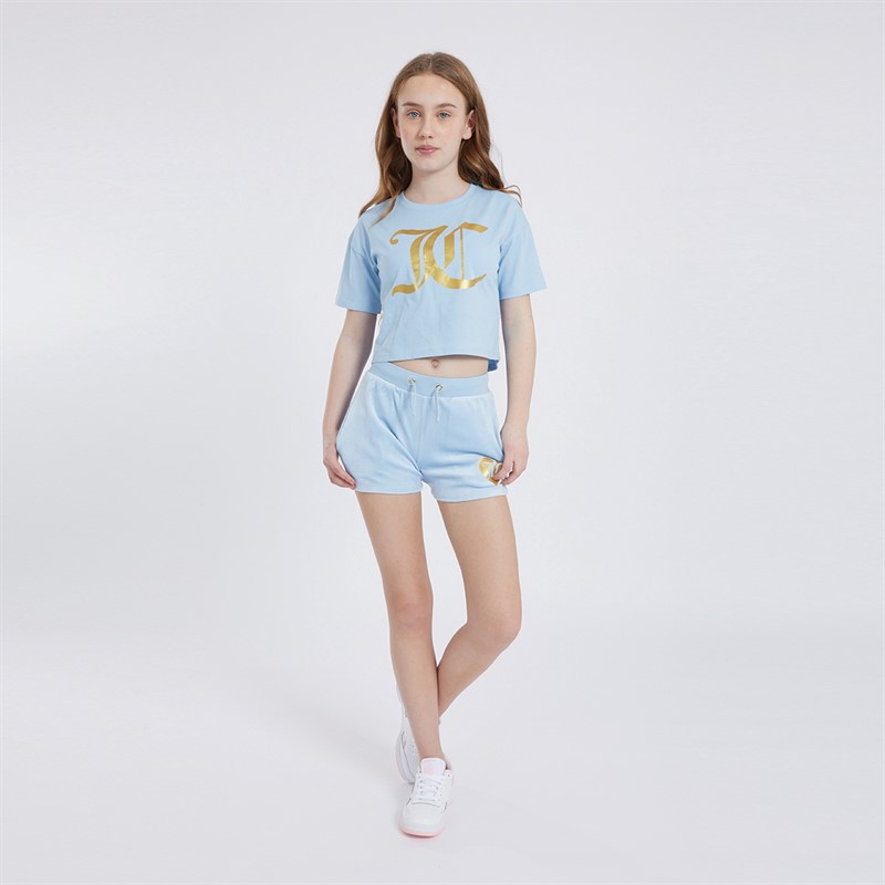 Juicy Couture Girls Heart Boxy T-Shirt And Velour Shorts Co-Ord Set Power Blue