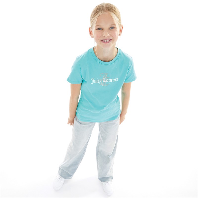 Juicy Couture Girls Diamante Regular T-Shirt Turquoise