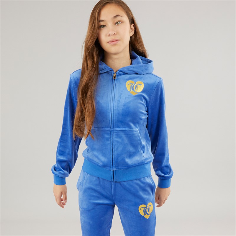 Juicy Couture Girls Velour Zip Through Hoodie And Bootcut Joggers Tracksuit Beaucoup Blue