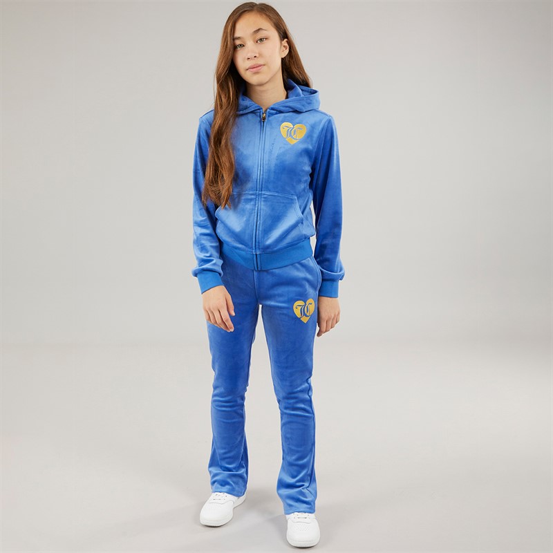 Juicy Couture Girls Velour Zip Through Hoodie And Bootcut Joggers Tracksuit Beaucoup Blue