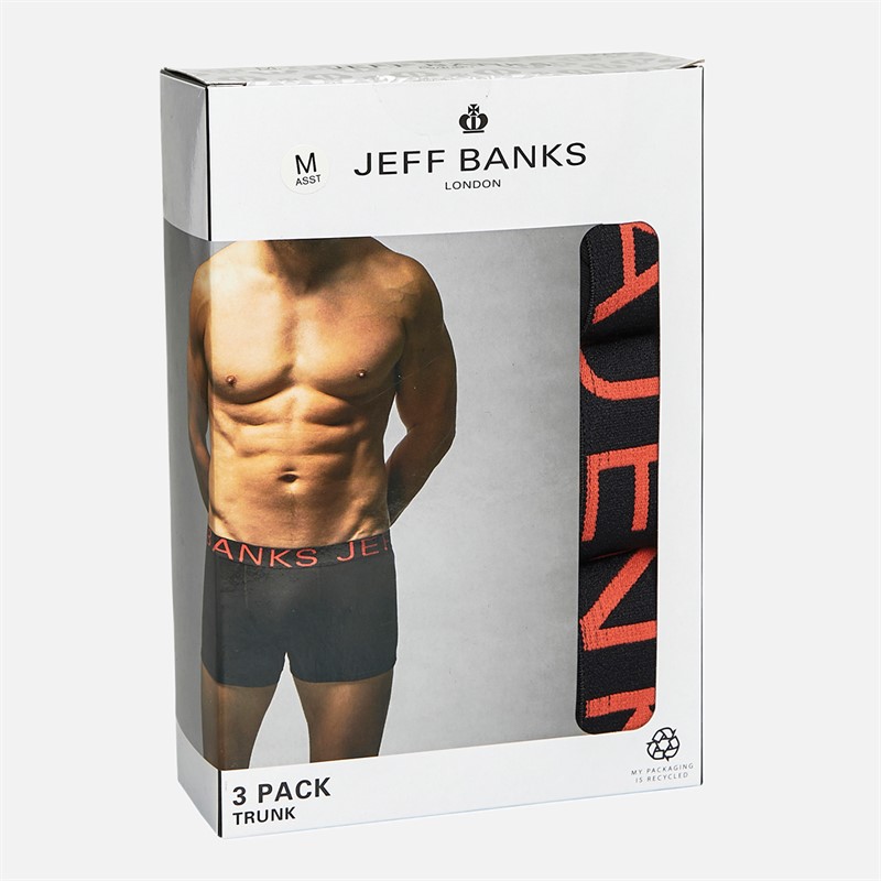 Jeff Banks Mens Three Pack Trunks Black/Coral/Stripes