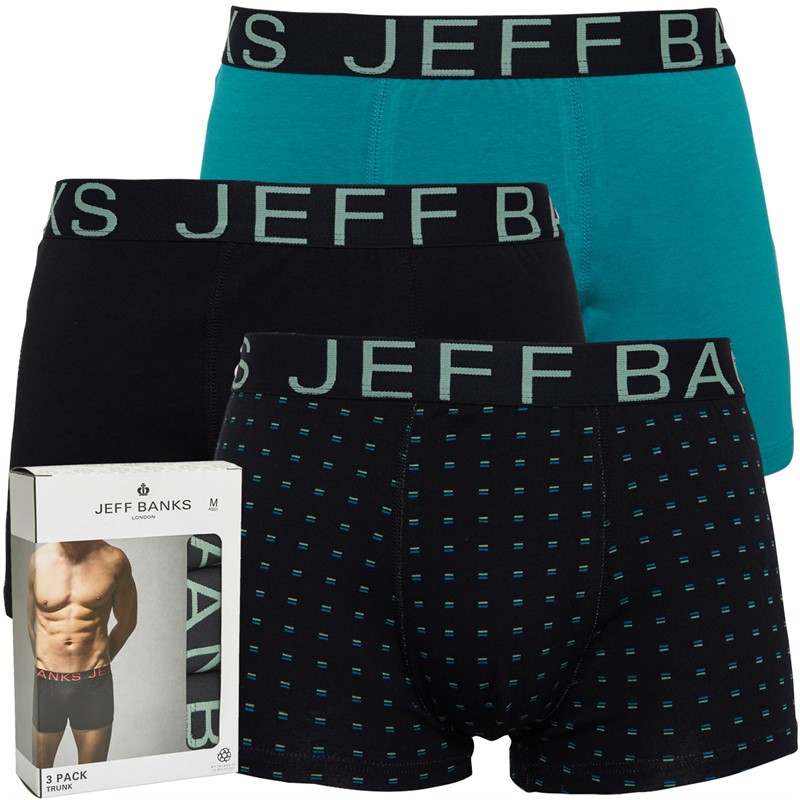 Jeff Banks Mens Three Pack Trunks Black/Spot/Teal