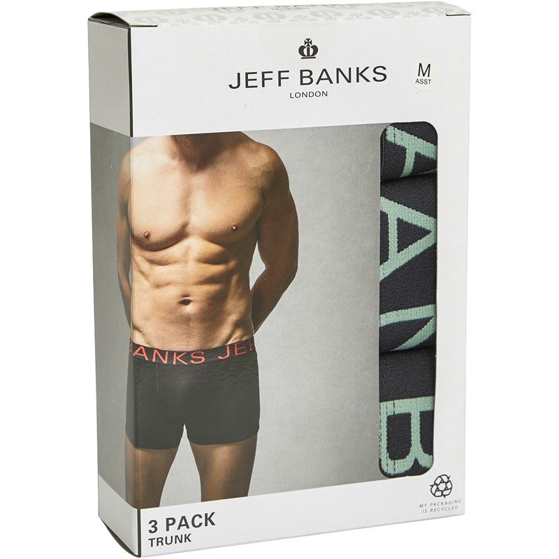 Jeff Banks Mens Three Pack Trunks Black/Spot/Teal