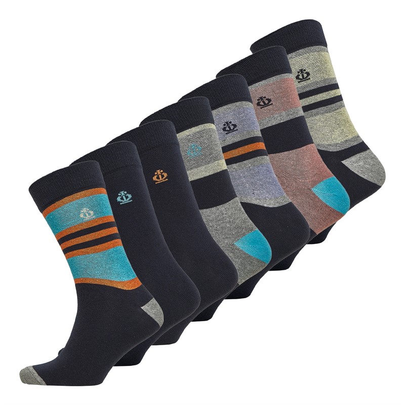 Jeff Banks Mens Seven Pack Jacquard Socks Navy With Block Stripe