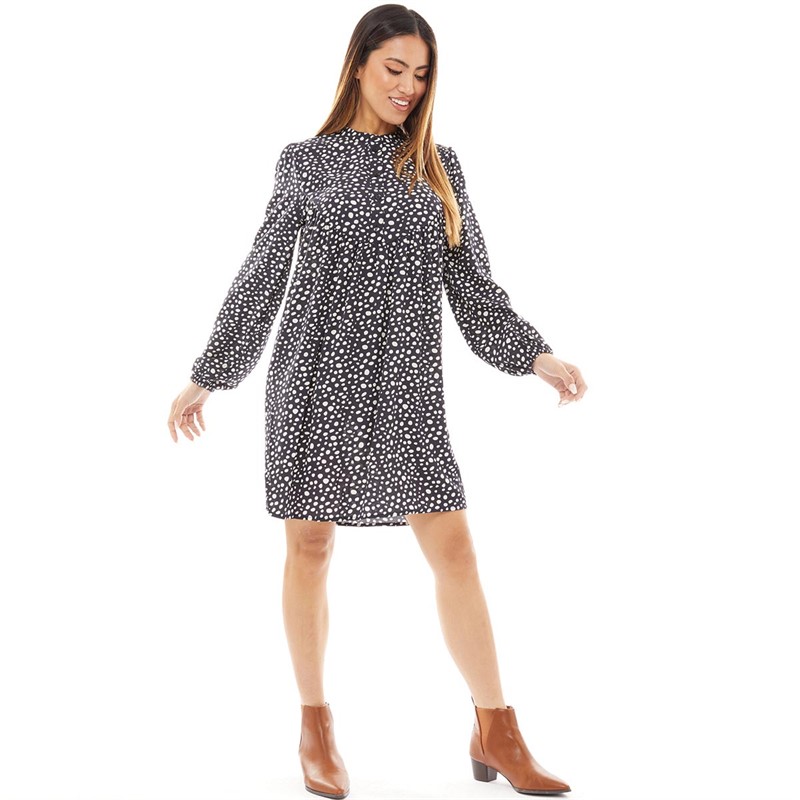 Jacqueline De Yong Womens Jdypernille Long Sleeve Half Placket Dress 3 Black W Dots