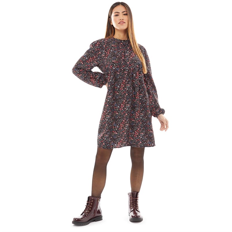 Jacqueline De Yong Womens Jdypernille Long Sleeve Half Placket Dress 6 Black W Flowermix