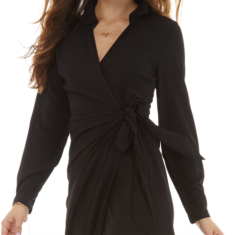 Jacqueline De Yong Womens Piper Long Sleeve Wrap Dress Black