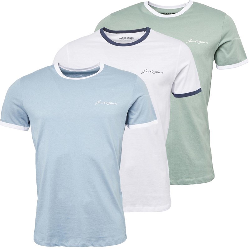 JACK AND JONES Herren Ralph Drei-Pack T-Shirts Weiß / Ashley Blau / Grün Milieu