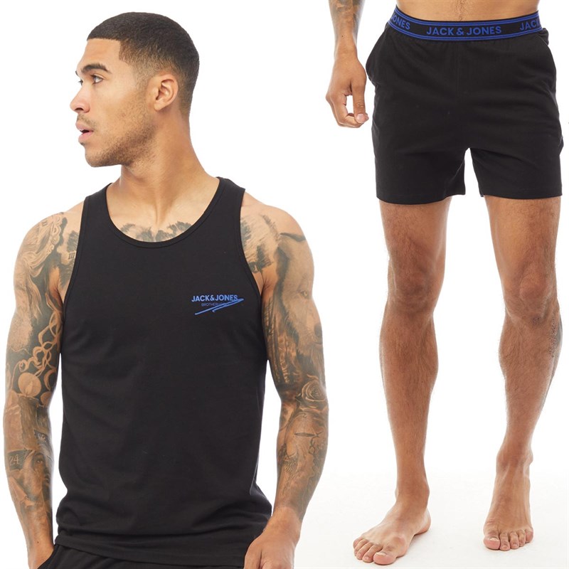 JACK AND JONES Mens Tank Top And Shorts Loungewear Set Black