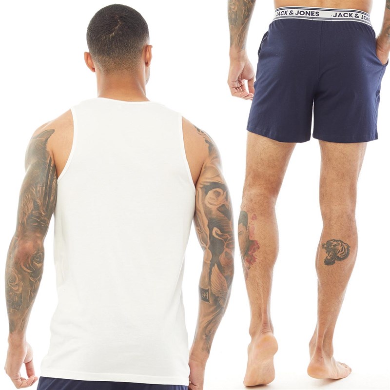 JACK AND JONES Mens Tank Top And Shorts Loungewear Set Blanc De Blanc/Maritime Blue