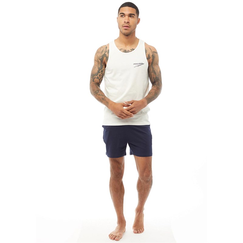 JACK AND JONES Mens Tank Top And Shorts Loungewear Set Blanc De Blanc/Maritime Blue