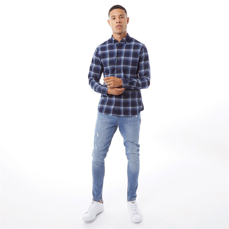 JACK AND JONES Mens Classic Denver Check Long Sleeve Shirt Navy Blazer