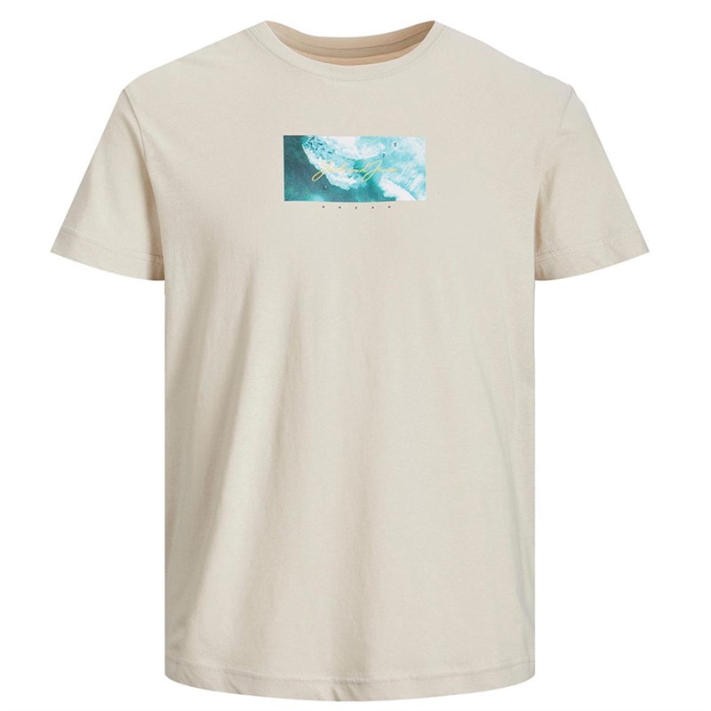 JACK AND JONES Heren Malibi Photo T-shirts Gebroken Wit
