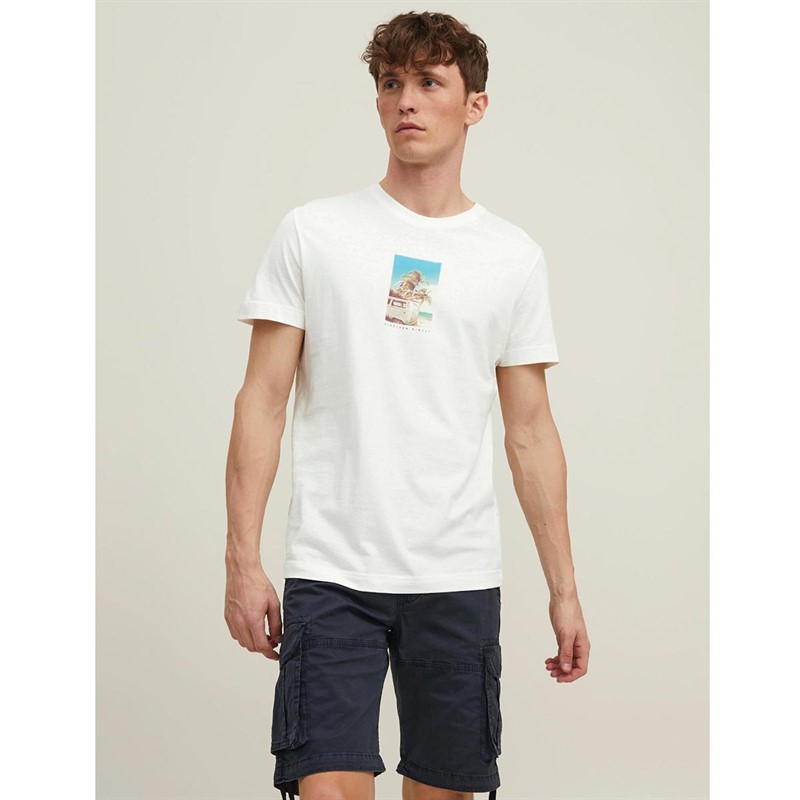 JACK AND JONES Męskie Malibi Photo T-shirty Biały