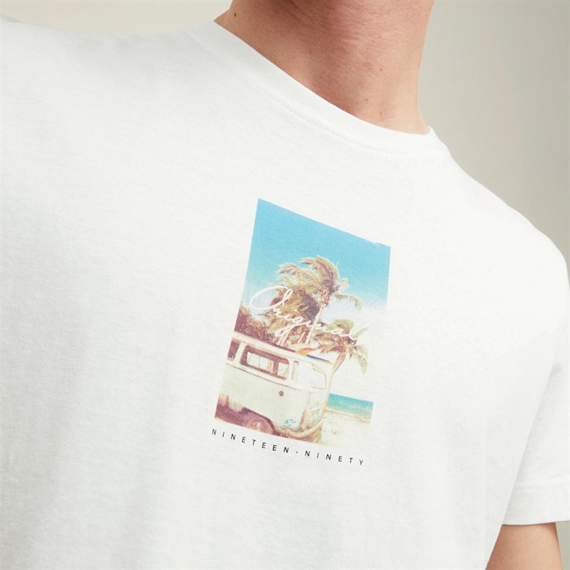 JACK AND JONES Męskie Malibi Photo T-shirty Biały