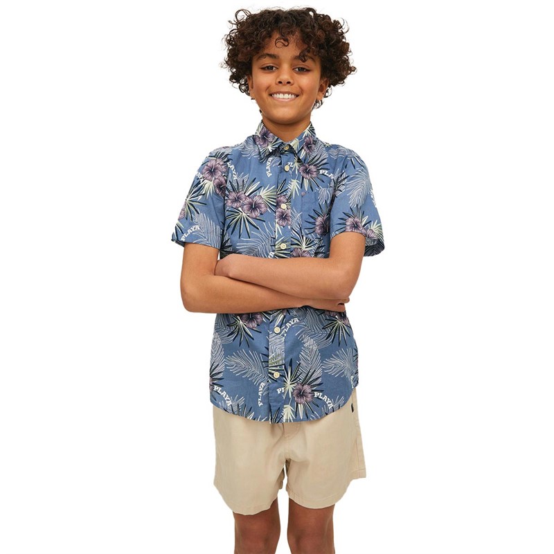 JACK AND JONES Jungen Aloha Floral Hemd mit kurzem Arm Mittelblau