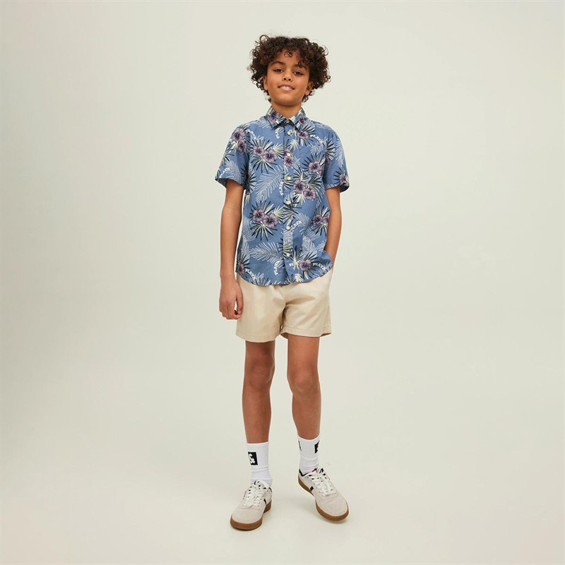 JACK AND JONES Jungen Aloha Floral Hemd mit kurzem Arm Mittelblau