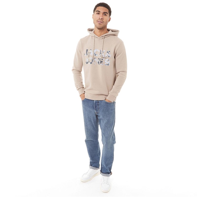 JACK AND JONES Mens Tech Logo Hoodie Dune