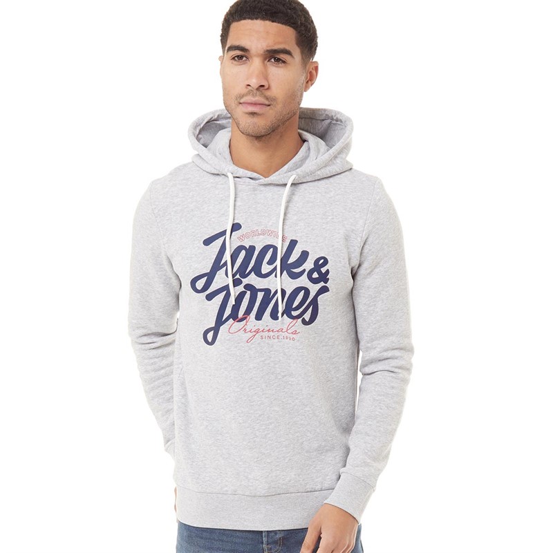 JACK AND JONES Mens List Sweat Hoodie Light Grey Melange